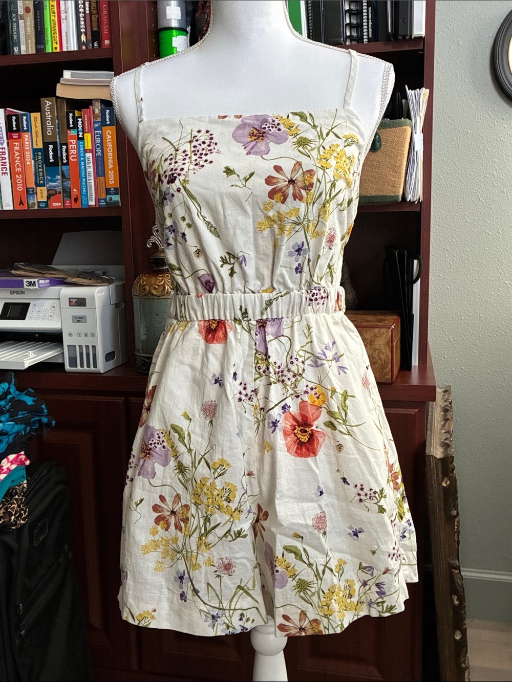 H&M White Floral Mini Dress with Red, Purple and Yellow Blooms